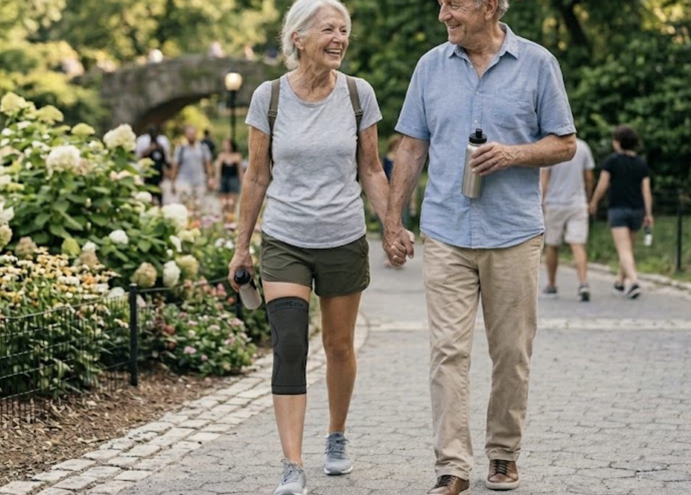 Casal a caminhar no parque, um deles usa Suavelle